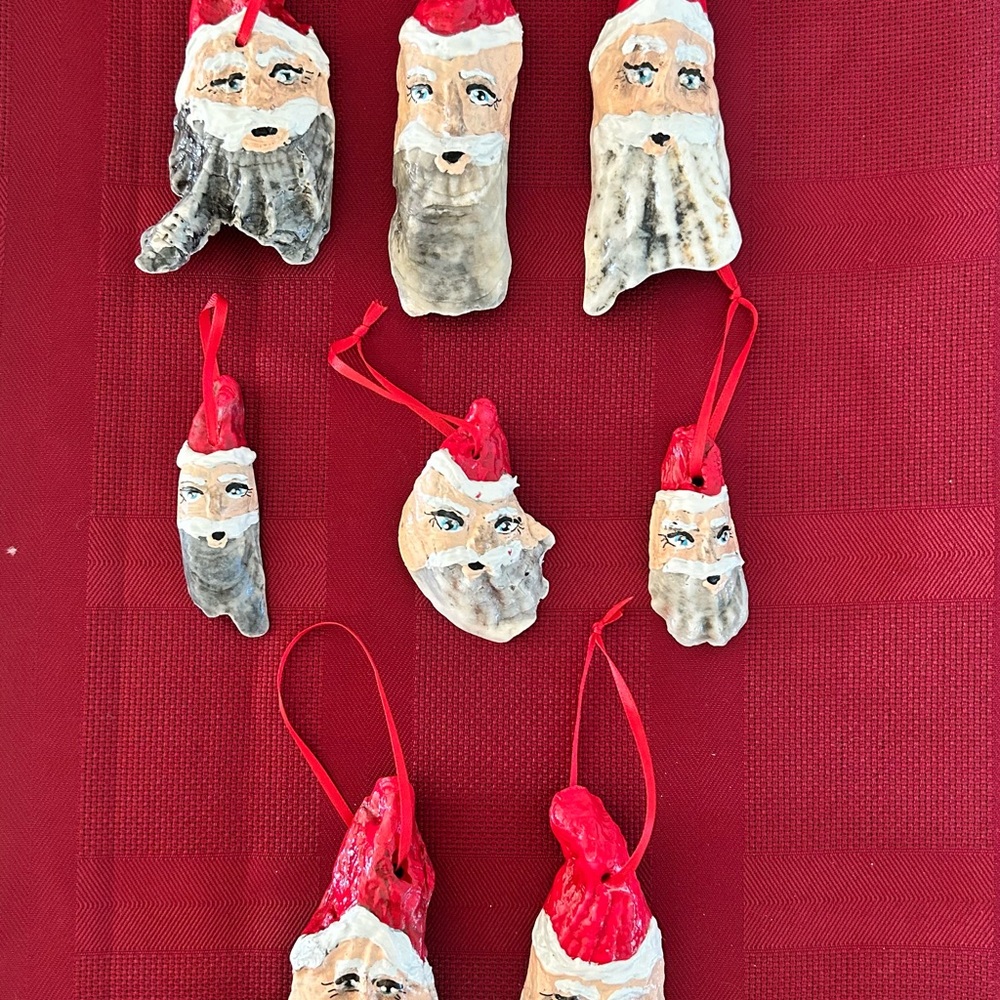 Hand Crafted Natural Oyster Shell Santa Ornaments in Red and White Set # 1